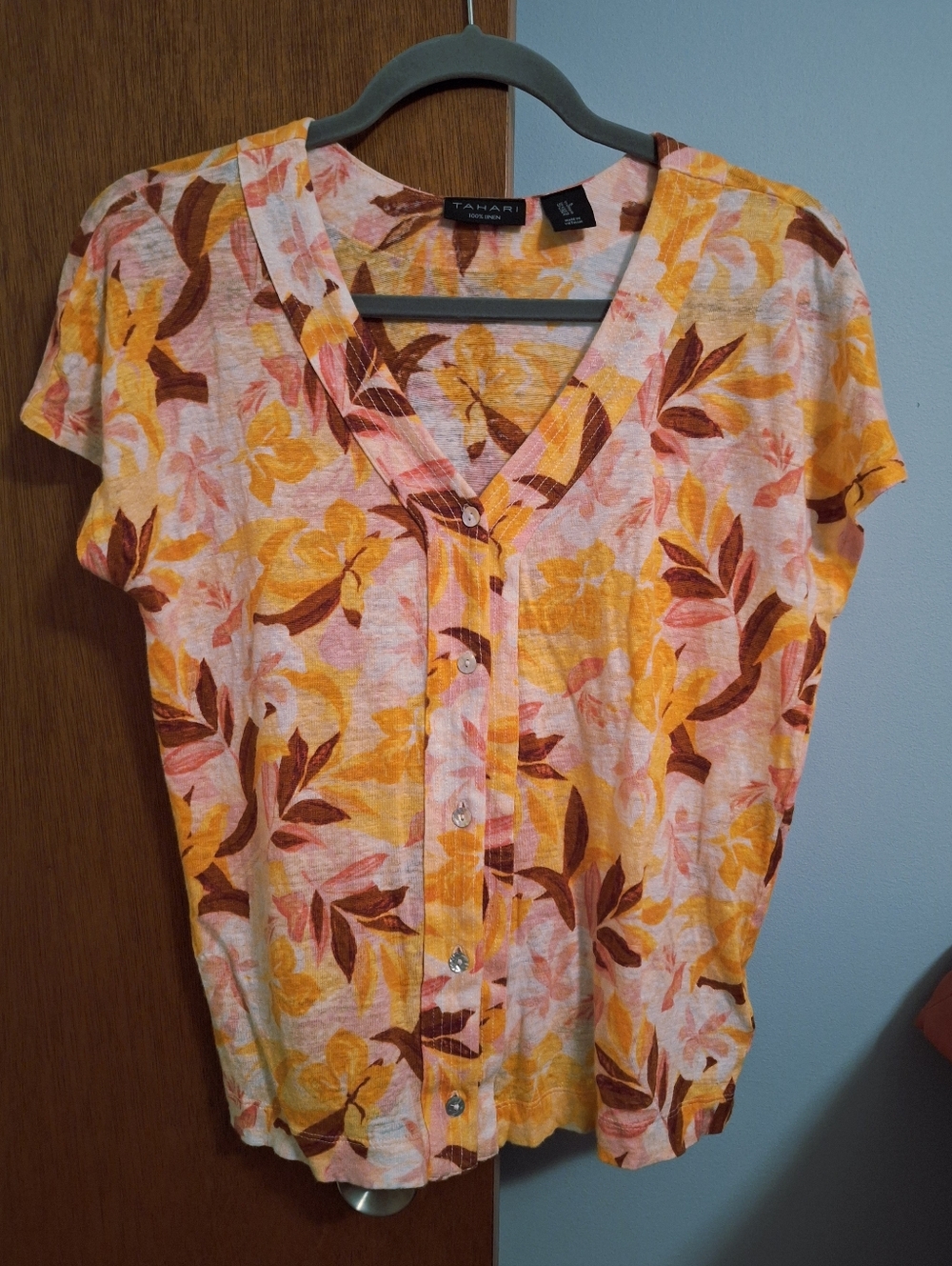 Tahari Yellow Multi Floral Button-Front V-Neck Top 100% Linen Women's Size S